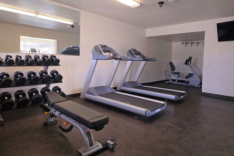 Fitness center with treadmills, a bench, and free weights